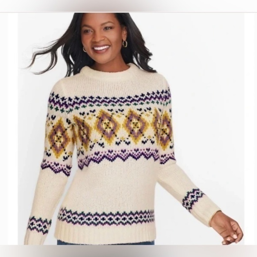 Talbots fair isle cream and purple mock neck sweater size XL NWT